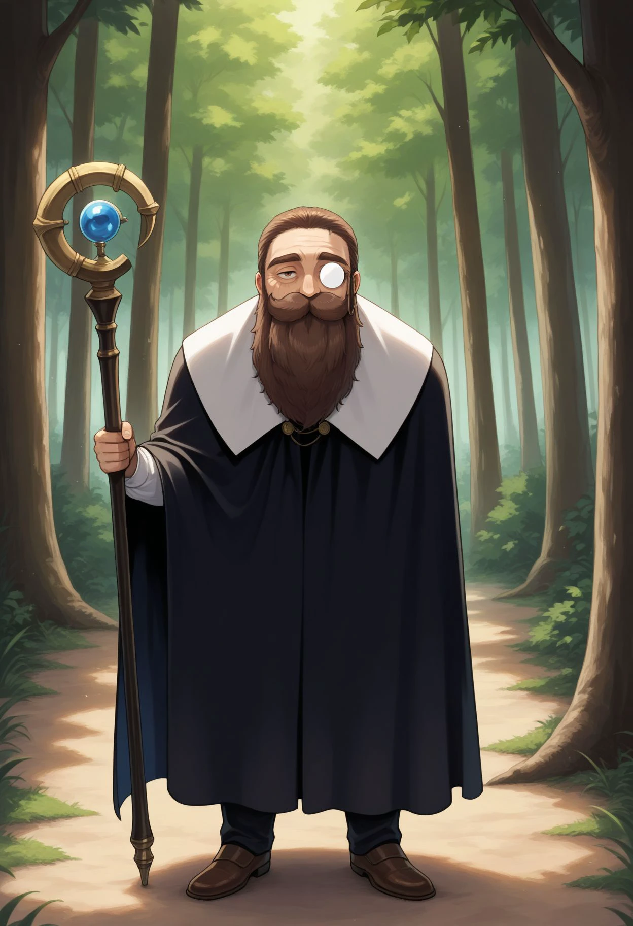 masterpiece, best quality,  
 <lora:Denken (illustrious):1>,  £
1boy, holding staff, male focus, long beard, facial hair, forest, nature, monocle, outdoors, standing, brown hair, full body, tree, looking at viewer, cape, thick mustache