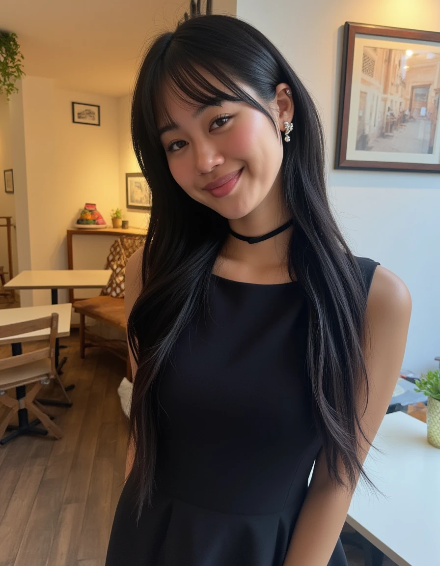 <lora:Jihoon_Kim_Flux:1> beautiful detailed photograph,  long straight black hair cascading over her shoulders,  wearing a boatneck dress, standing in a cafe, looking at the viewer, smile