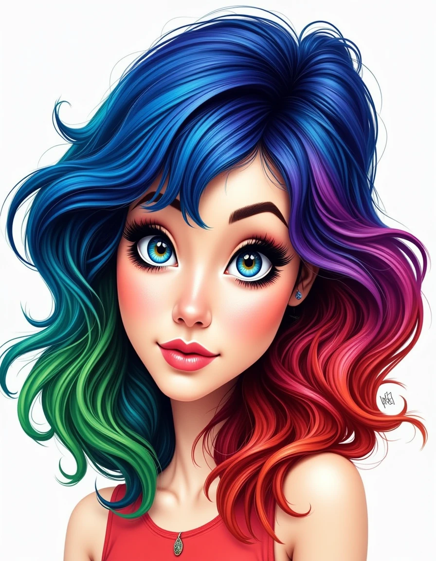 Caricature, a women looking straight into the lens , ses cheveux sont bleu, vert et rouge <lora:HairColors-V1-Lora-0001:1> HairColors, exaggerated, comical, caricature