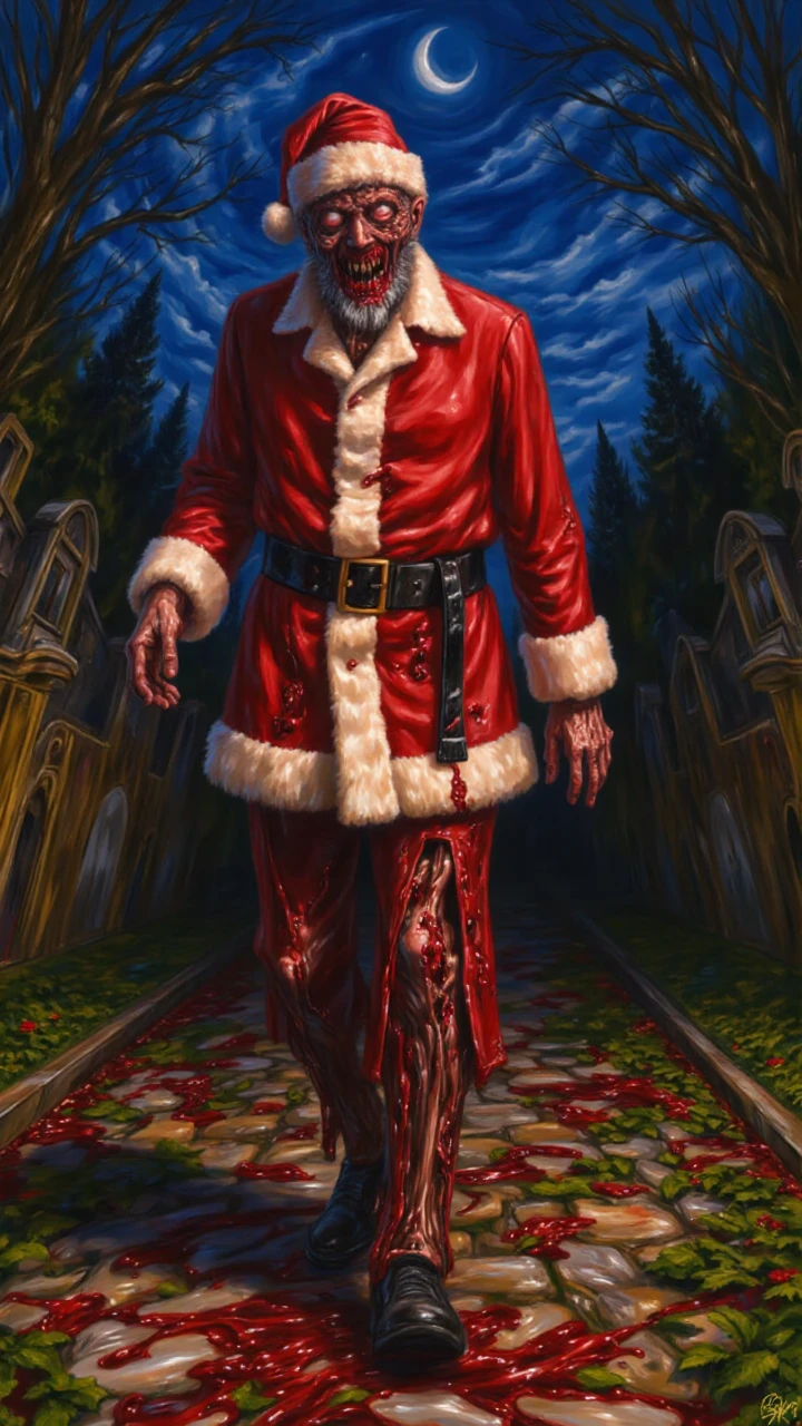 splatter, This is a digital painting in a dark, surreal horror style. The subject is a rotten Santa Claus zombie, walking in a cemetary. His clothes are torn and tattered <lora:Splatterworks_-_FLUX:1>