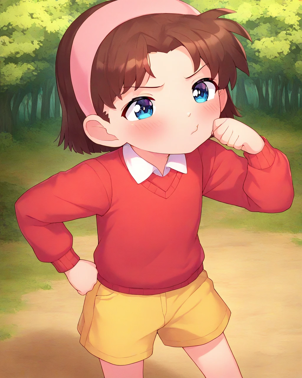 masterpiece, best quality, tsubasachyan, female , 1girl, solo, ayumi, pink hairband, red sweater vest, collared vest, yellow shorts, pouting, , forest