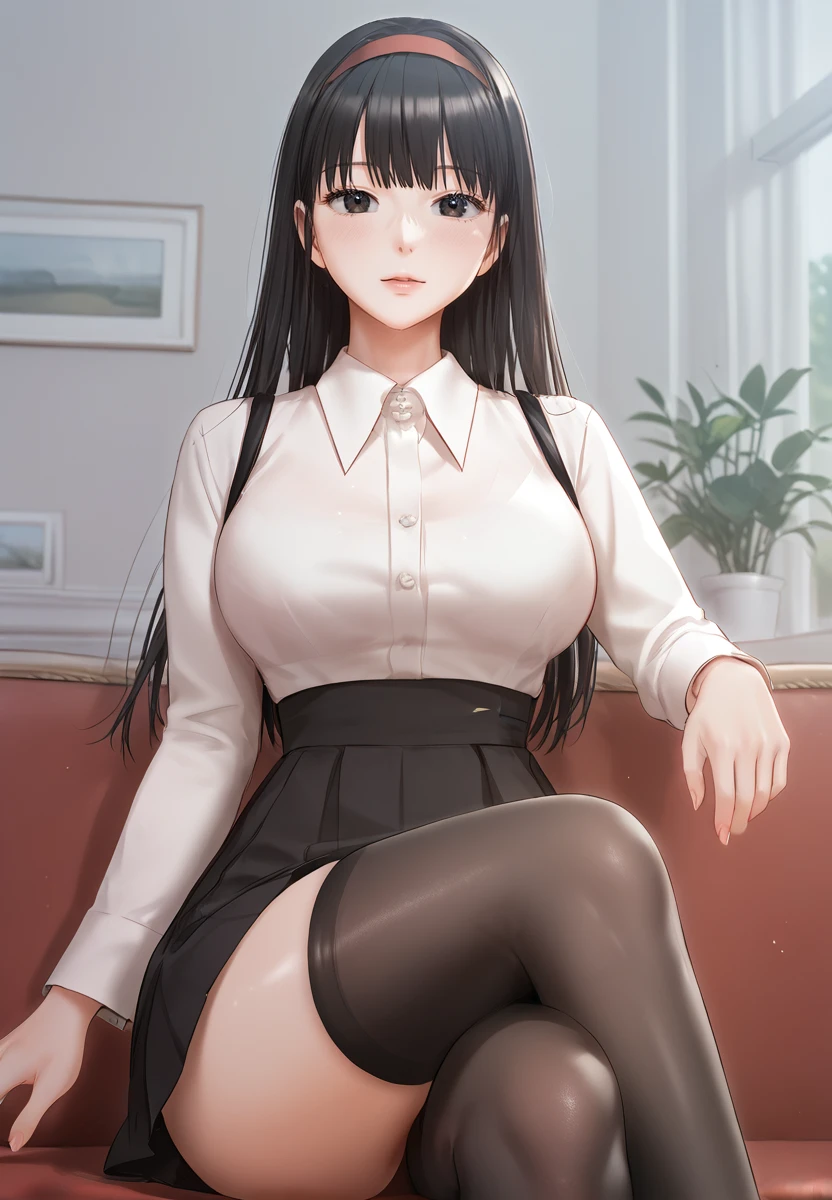 (masterpiece, best quality), light smile, black hair, wavy hair, long hair, brown eyes, chinese, asian, wide hips, thick thighs, breasts, bedroom, (thin waist:1.2), student, asian model, model, white button shirt, black skirt,  