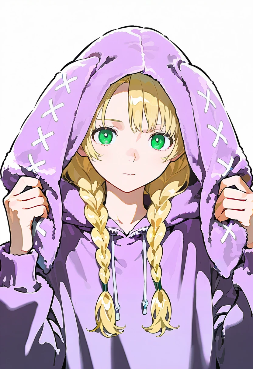 1girl,solo,looking at viewer,ikeda ruriko, harajuku rabbit ear jacket, purple hoodie, hood up, rabbit ears, marcille_donato