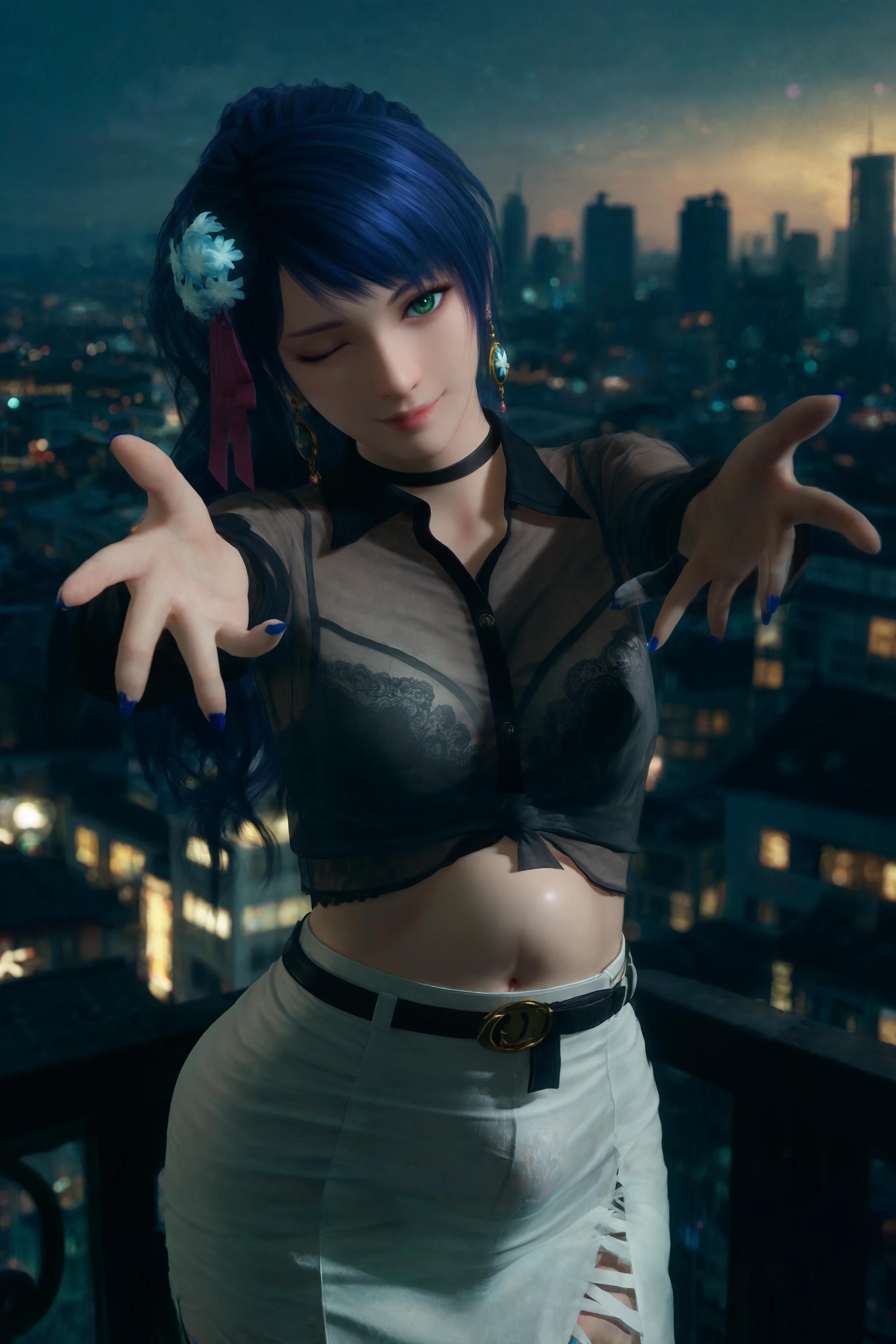 score_9,score_8,score_7_up,realistic,bokeh,depth_of_field,pastel colors, alluring goddess, amazing depth, double exposure, surreal, geometric patterns,outdoors,rooftop,at night,cityscape, 
lobelia \(doa\), 1girl, solo, standing, one eye closed,green eyes, looking at viewer,head tilt,((reaching towards viewer)),(hand on abdominal bulge), long hair, asymmetrical bangs, ponytail, wavy_ponytail, skyblue_hair flower, hair flower, purple_hair ribbon, ribbon, hair ornament, earrings, gliding_ruby_earrings, underwear, see-through, bra, black bra, lace-trimmed bra, long sleeves, collared shirt, black shirt, black collar, belt, fishnets, skirt, pencil skirt, white skirt, black choker, nail polish, blue nails, fingernails, upper body, front view,
 <lora:doa_lobelia_pdxl_v10:0.8>