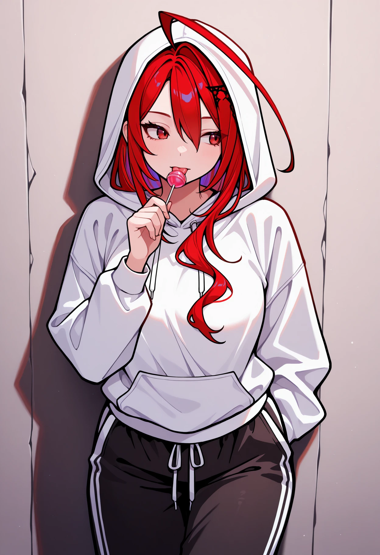 masterpiece, best quality, 1girl, solo, ElizabethRB, red eyes, red hair, colored inner hair, long hair, huge ahoge, hair ornament, white hoodie, hood up, long sleeves, sweatpants, black pants, leaning against wall, holding lollipop, licking lollipop, tongue out, looking to the side, <lora:ChamElizabethRoseBloodflameIllustriousXL:1>