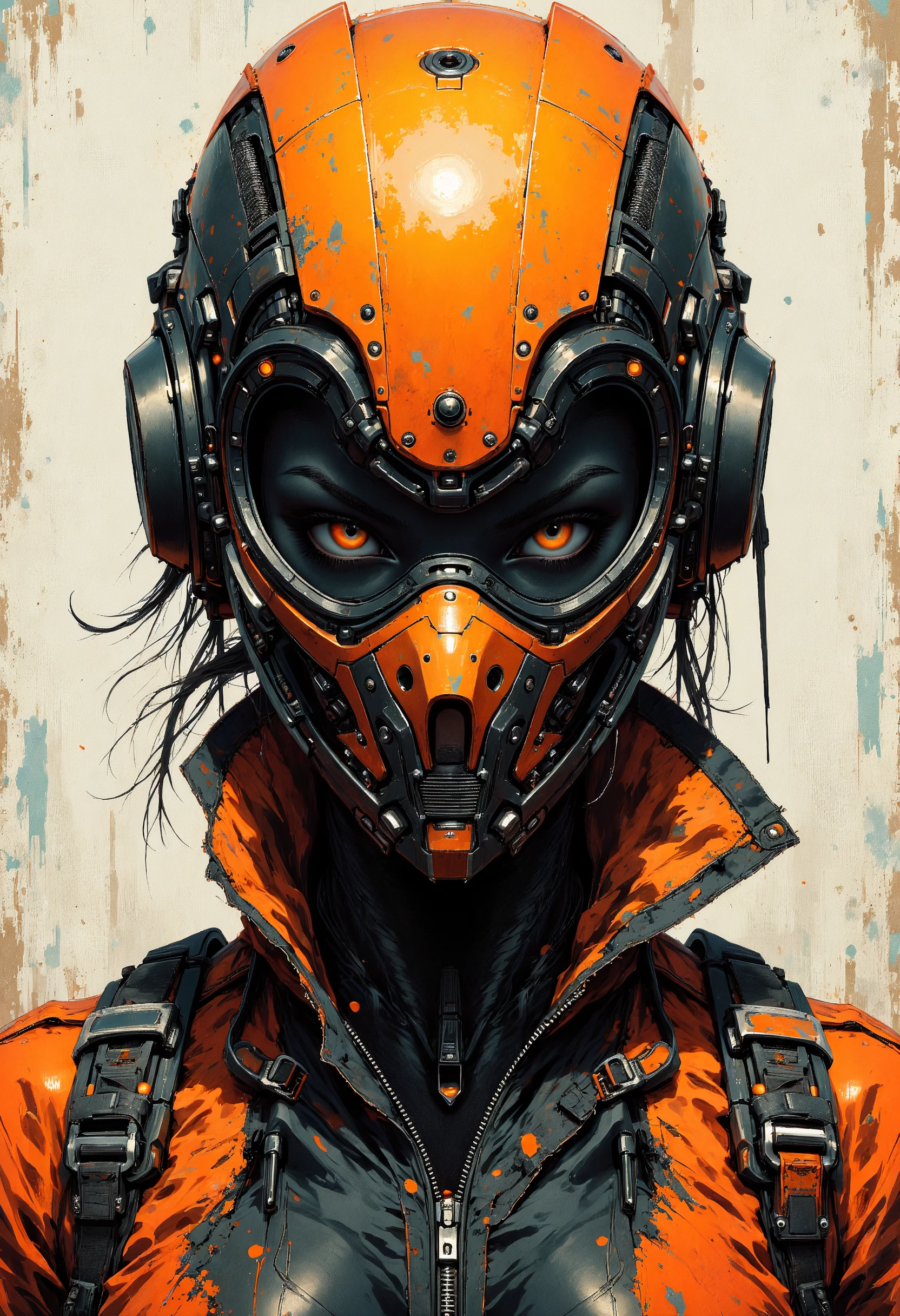 A masterfully crafted digital painting of a futuristic cyberpunk character, featuring a striking female figure in a sleek black and vibrant orange outfit with a weathered texture, The subject wears a high-tech helmet-mask hybrid with metallic details and glowing accents covering the lower half of her face leaving her piercing eyes as the focal point, Her outfit combines tactical and industrial design elements with a rugged shoulder strap and intricate buckles, The background is minimalist with subtle grunge textures emphasizing the intense and dramatic atmosphere, style is semi-realistic digital painting with bold color contrasts and sharp detail,