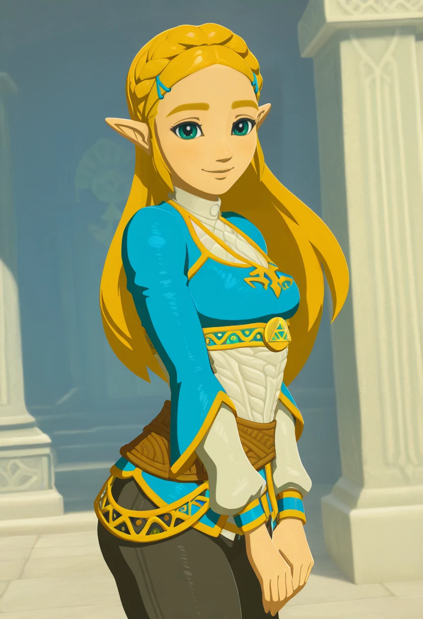 masterpiece, best quality, absurdres, highres, detailed background,
  1girl, princess zelda, blonde hair, pointy ears, botw, long hair, blue shirt, looking at viewer,<lora:ZELDAkultyil:0.8> smile,