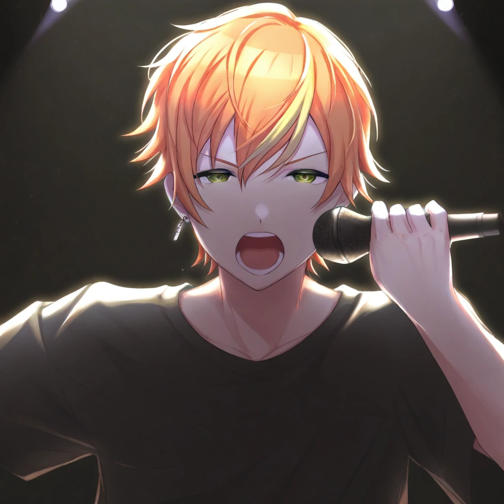 masterpiece, high res, 1boy, solo, shinonome_akito, singing, looking at viewer, stage, rap, serious, (shout:0.6), spotlight, backlight, neon, (>:o:0.6)