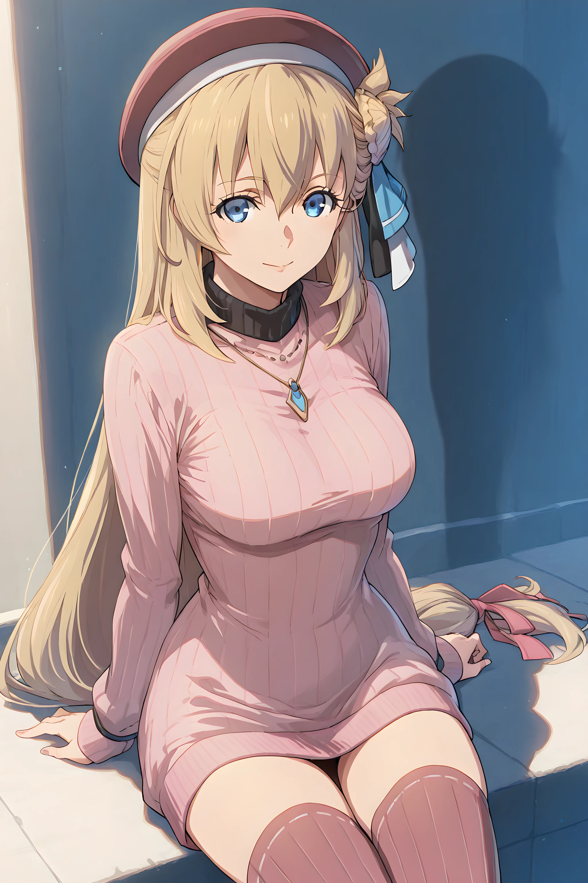 agnes claudel, 1girl, solo, blonde hair, long hair, blue eyes, hat, sitting, thighhighs, ribbed sweater, pink sweater<lora:AgnesClaudel-IllustXL:1>, (masterpiece),(best quality),(ultra-detailed),(best illustration),(best shadow),(absurdres),(detailed background),(very aesthetic),