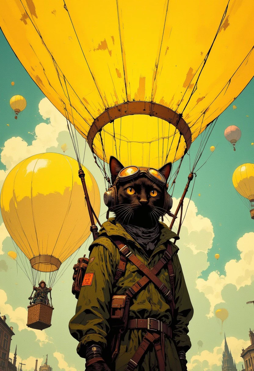 cinematic film still award winning photo.A hotairballoon made from the brightest of yellow. In its basic is a black cat with an aviator helmet and goggles, deep depth of field, vignette, highly detailed, high budget, bokeh, cinemascope, moody, epic, gorgeous, film grain, grainy,anime, cyberpunk, Comic book style,CALT