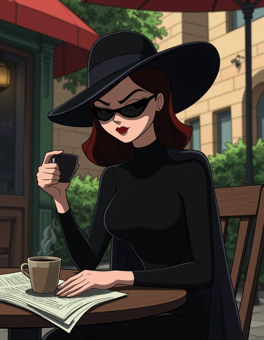 4dv3nt8r3 A mysterious woman in a wide-brimmed hat and dark sunglasses sits at an outdoor cafÃ©, sipping coffee. Sheâs reading a newspaper, but her eyes occasionally flicker to the street, as if expecting someone. Her posture is elegant, but her presence is enigmatic
  <lora:Simple_Adventure_Cartoon:0.8>