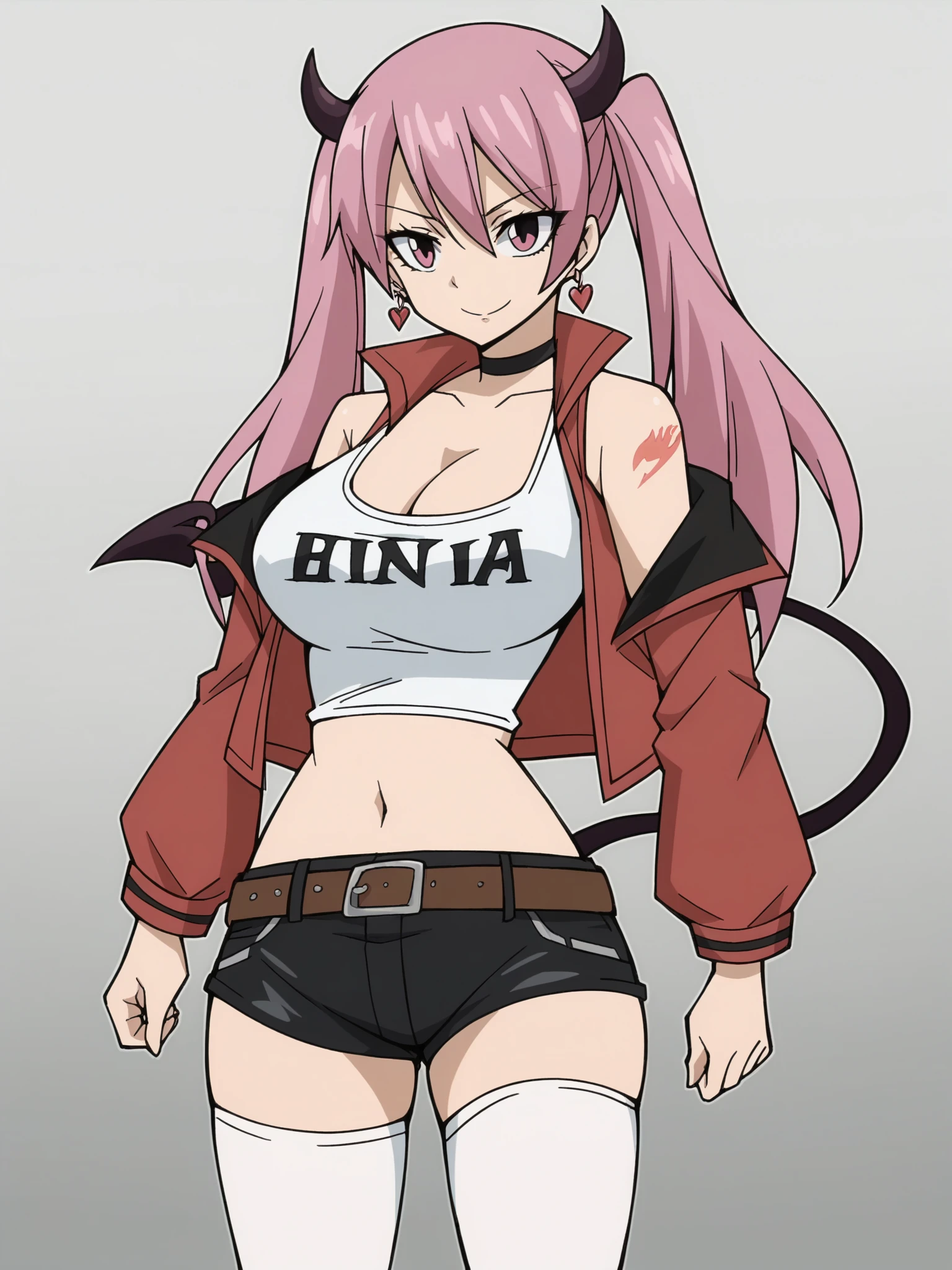 score_9, score_8_up, score_7_up, score_6_up, score_5_up,
1girl, solo, breasts, tail, pink_hair, horns, demon_tail, shorts, jacket, twintails, large_breasts, smile, looking_at_viewer, long_hair, navel, choker, black_background, pink_eyes, short_shorts, belt, demon_girl, pink_jacket, demon_horns, simple_background, tank_top, open_jacket, cleavage, black_shorts, open_clothes, thighhighs, off_shoulder, bare_shoulders, closed_mouth, head_tilt, hair_between_eyes, cowboy_shot, jewelry, micro_shorts, collarbone, black_choker, white_thighhighs, crop_top, bangs, earrings, clothes_writing, shirt, midriff, standing, see-through, contrapposto, long_sleeves,
 <lora:Fairy_Tail_2014:1>