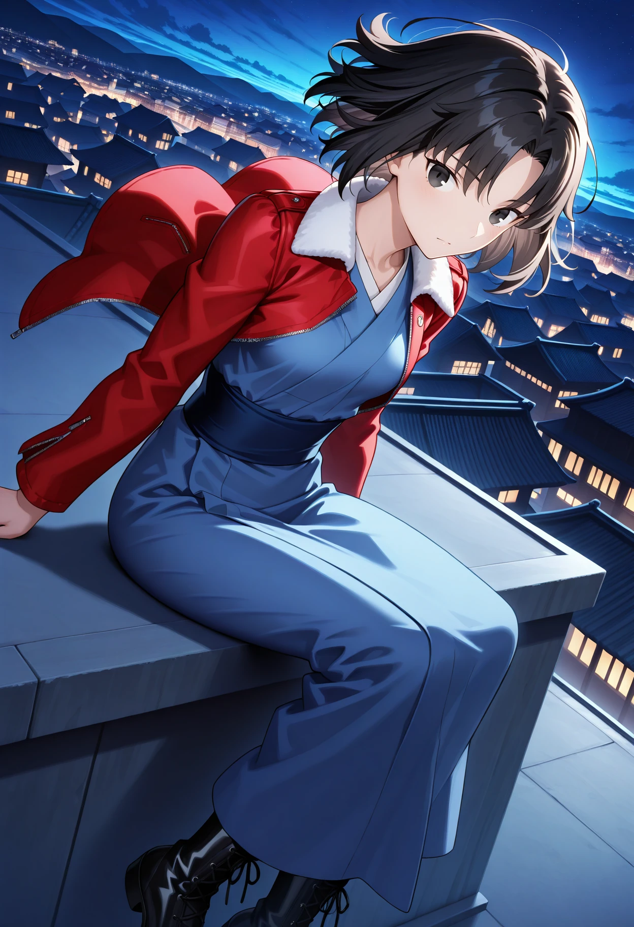 masterpiece,best quality, r_shiki, 1girl, solo, short hair, parted bangs, black hair, black eyes, tsurime,red fur-trimmed jacket,blue kimono, japanese clothes,sash,long sleeves, small breasts,  floating hair, sitting, lace-up boots, black footwear, looking at viewer, , outdoors, night sky, rooftop, cityscape, from above, dutch angle,  <lora:r_shiki_2_IL-100007:0.9>