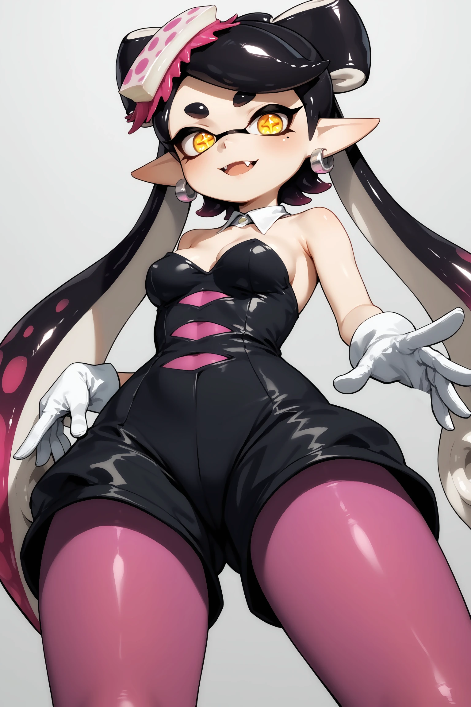 score_9, score_8_up, score_7_up, masterpiece, 4k, high quality, best quality, 1girl, imtdcallie, tentacle hair, pointy ears, short jumpsuit, from below, yellow eyes, black hair, long hair, mole under eye, earrings, white gloves, object on head, food on head, + +, purple pantyhose, pantyhose, detached collar, gradient hair, multicolored hair, symbol-shaped pupils, medium breast, bare shoulders, short sleeves, wide hips, ass, :<, fang, simple background
