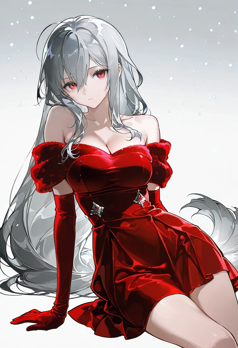 1girl,solo,looking at viewer,ikeda ruriko,velvet dress, elbow gloves, bare shoulders, red dress, red gloves, skadi_(arknights), snow