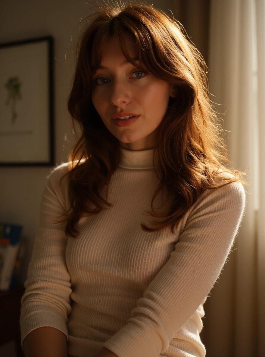 portrait of al1s0nr0ug3 woman, posing on a office, serene and warm, natural lighting, soft focus, high-resolution, elegant and introspective atmosphere, quiet sophistication, wearing a turtleneck yarn blouse, smile

