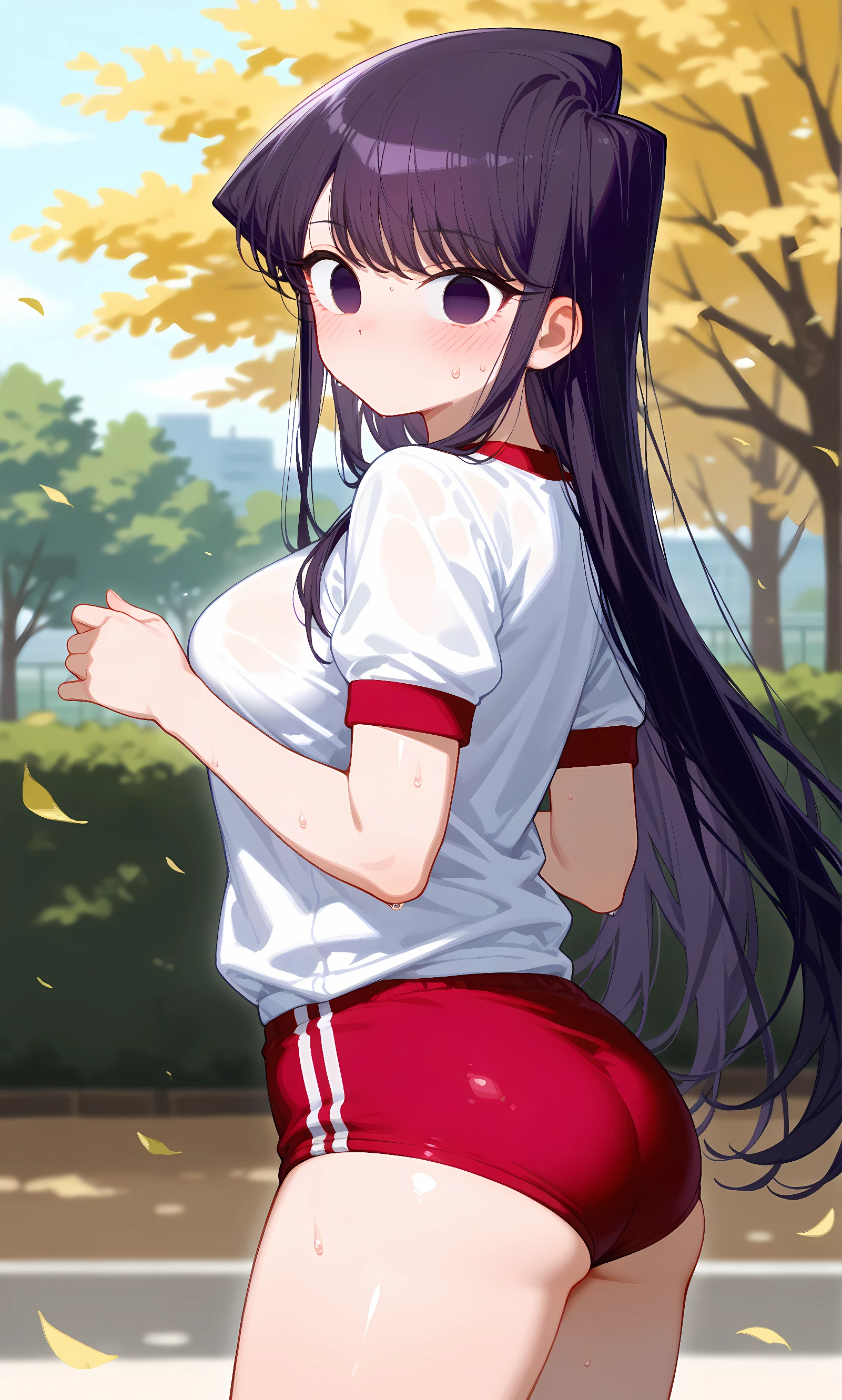 score_9, score_8_up, score_7_up, source_anime, 1girl, solo, outdoors, park, cowboy shot, looking at viewer, shiny skin, close-up, komi shouko, purple eyes, purple hair, bangs, very long hair, white shirt, short sleeves, gym uniform, buruma, butt, from side, surprised, sweat, no mouth, no pupils