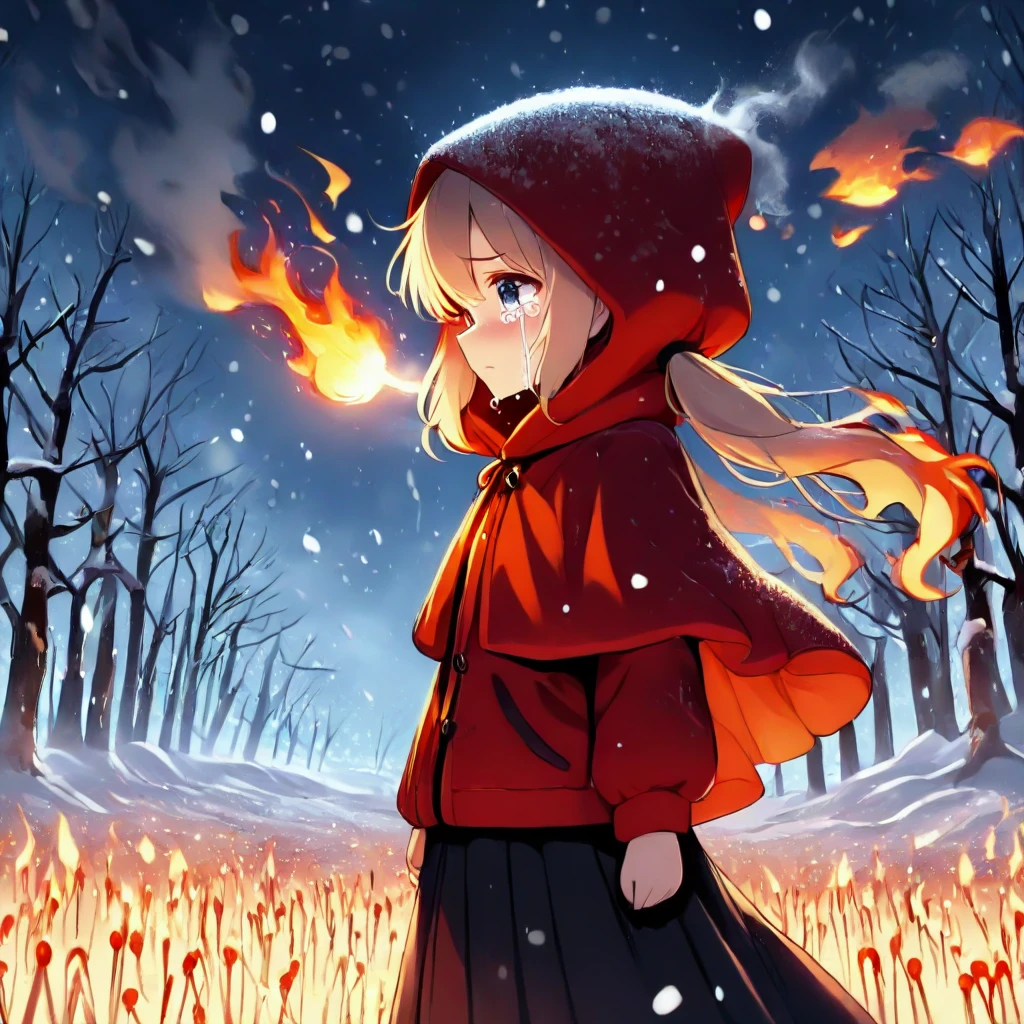 masterpiece, best quality, face focus, lit match, wildfire, bushfire, flaming, blaze, burning, 1girl, tears, crying, blonde hair, low twintails, hood up, red hooded jacket, black long skirt, capelet, fog, wind, steam, night, night sky, bare tree, snow, snowing, snowstorm, <lora:girllikelitmatch_ilxl:1>