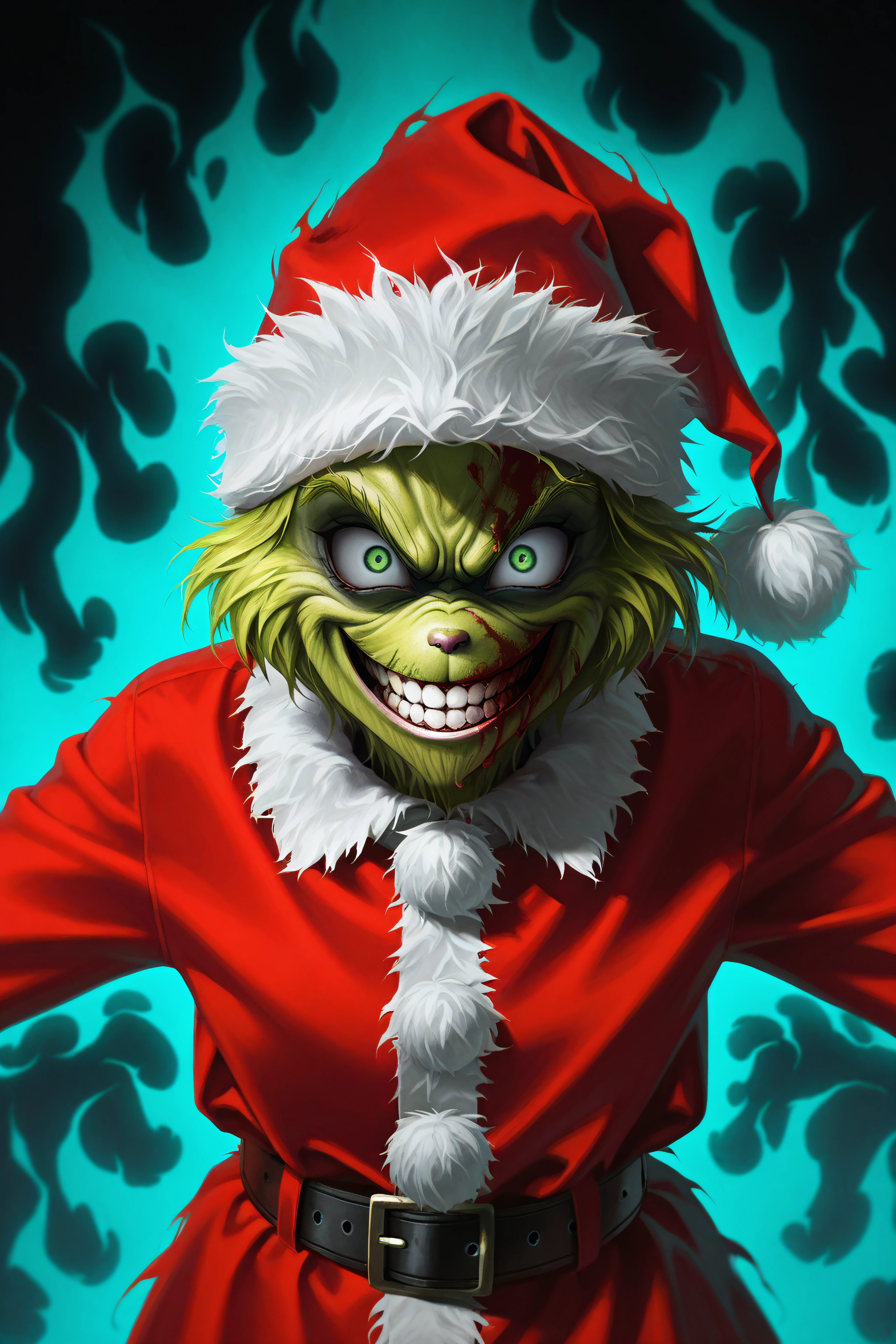 masterpiece, best quality, <lora:The Grinch v1.5-Illustrious-lora-Faxtron:1> the grinch, green eyes, santa hat, santa costume, belt,   <lora:evil-grin-ponyxl-lora-nochekaiser:1>, evil grin, evil smile, grin, evil eyes, crazy eyes, teeth, shaded face, blood, aura, blood on face,,