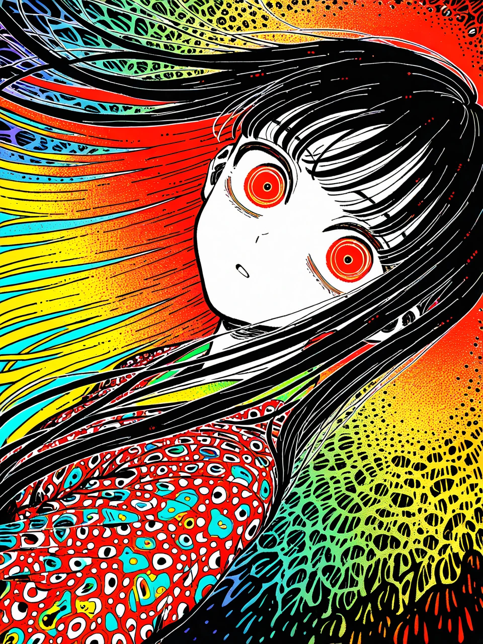 perfect composition, very awa, jaggy lines,  limited palette, spot color,  colorful, acid_trip, abstract background, limited palette, traditional media, dutch angle,  foreshortening, face focus,
1girl, upper body, solo,  multicolored hair, straight hair, red eyes, wide eyes, kimono, patterned clothing,   <lora:vivid:0.6>