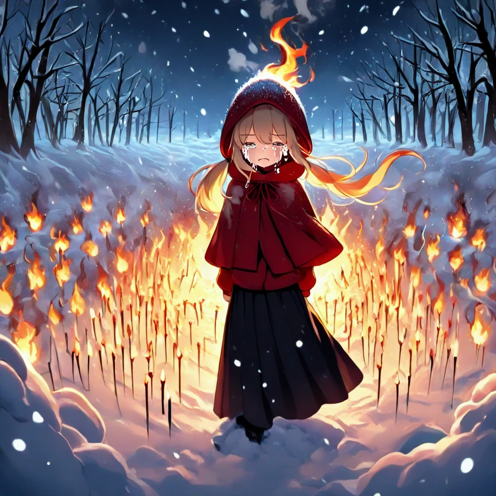 masterpiece, best quality, face focus, lit match, wildfire, bushfire, flaming, blaze, burning, 1girl, tears, crying, blonde hair, low twintails, hood up, red hooded jacket, black long skirt, capelet, fog, wind, steam, night, night sky, bare tree, snow, snowing, snowstorm, <lora:girllikelitmatch_ilxl:1>