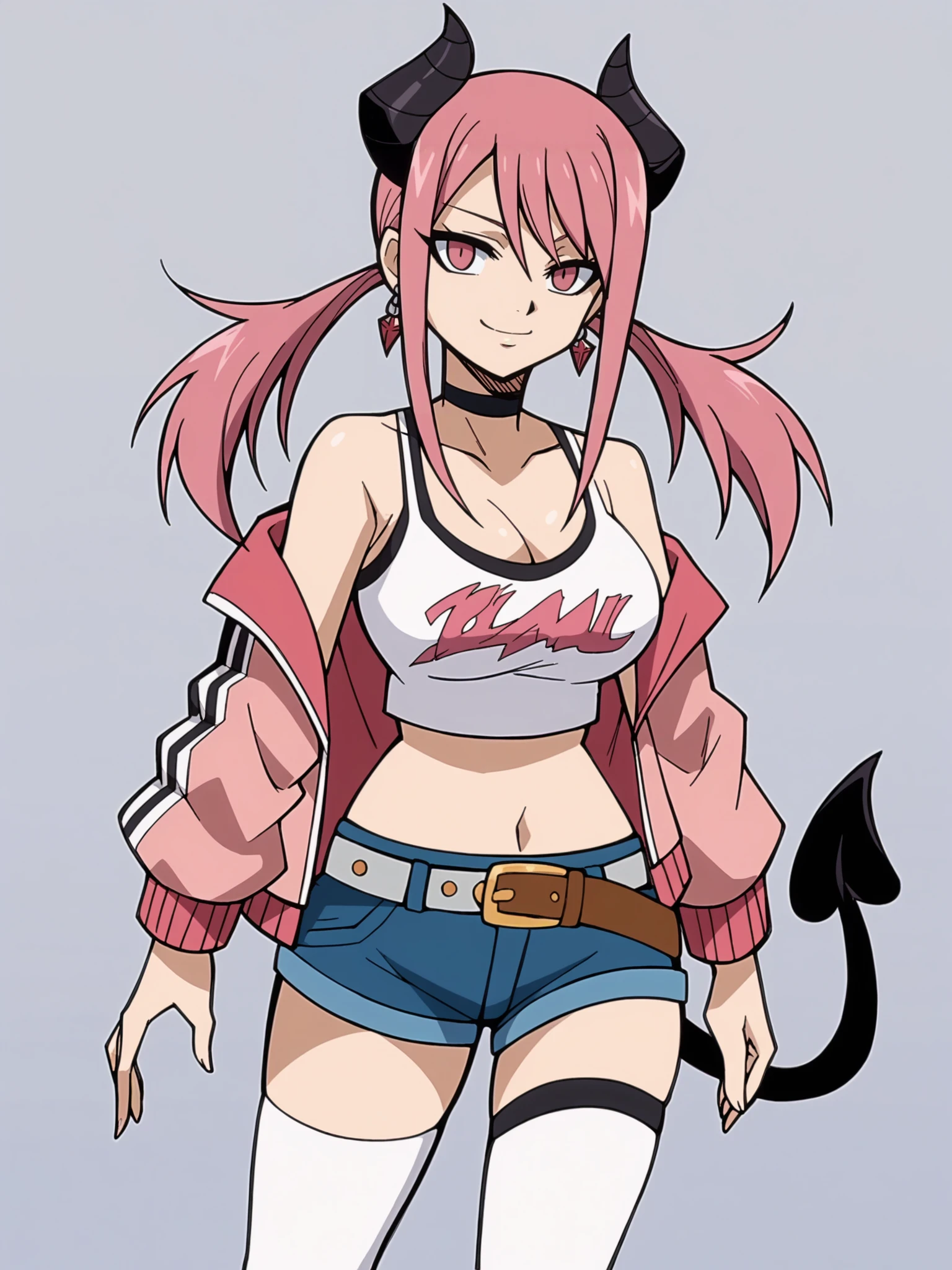 score_9, score_8_up, score_7_up, score_6_up, score_5_up,
1girl, solo, breasts, tail, pink_hair, horns, demon_tail, shorts, jacket, twintails, large_breasts, smile, looking_at_viewer, long_hair, navel, choker, black_background, pink_eyes, short_shorts, belt, demon_girl, pink_jacket, demon_horns, simple_background, tank_top, open_jacket, cleavage, black_shorts, open_clothes, thighhighs, off_shoulder, bare_shoulders, closed_mouth, head_tilt, hair_between_eyes, cowboy_shot, jewelry, micro_shorts, collarbone, black_choker, white_thighhighs, crop_top, bangs, earrings, clothes_writing, shirt, midriff, standing, see-through, contrapposto, long_sleeves,
 <lora:Fairy_Tail_2009:1>