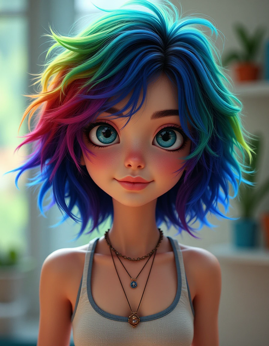a women looking straight into the lens , ses cheveux sont bleu, vert et rouge <lora:HairColors-V1-Lora-0001:1> HairColors, cute, tiny, little chibi, kawai, furry, great face expression, dynamic pose, trending on artstation, cinematic, hyper realism, high detail, 8k, 8mm, octane render, bokeh, artstation, detailed, character design by mark ryden and pixar
