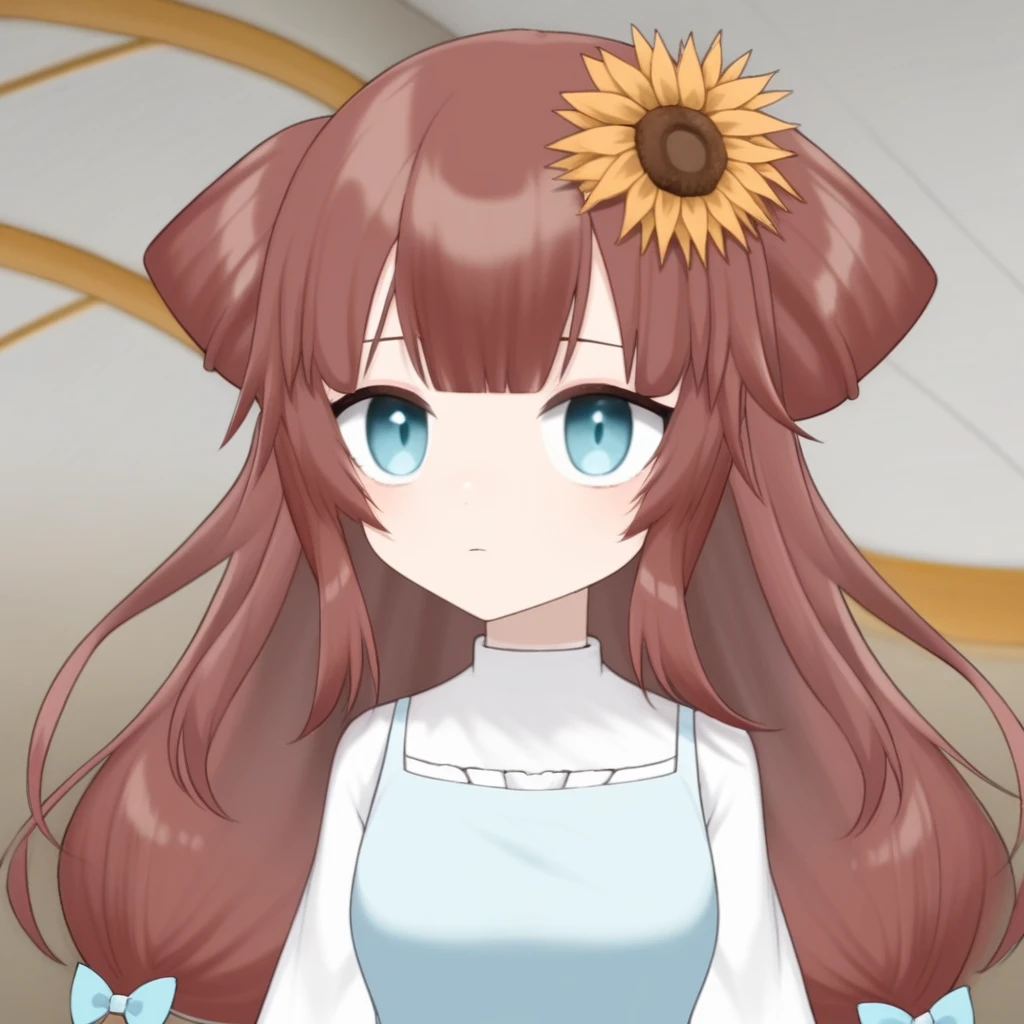 RemiSprings, hair flower, sunflower hair ornament, brown hair, long hair, bangs, blue eyes, blue dress, white shirt, hair bow, blue bow, bangs,