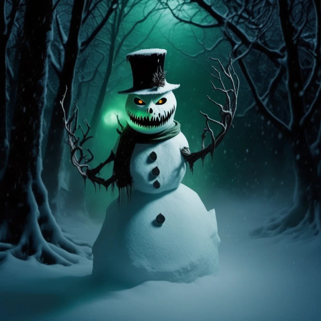 <lora:Grim_Snowmen:1> gr1msn0w, creepy snowman partially hidden among twisted black trees, icy cracks forming sinister patterns on its body, broken top hat tilted ominously, a faint green glow emanating from its hollow center, snowstorm sweeping through moonlit forest, eerie shadowy figures faintly visible in the distance, dynamic wide-angle view with snow-covered ground and dense tree canopy, cinematic and suspenseful horror vibe, subtle glowing embers in snow