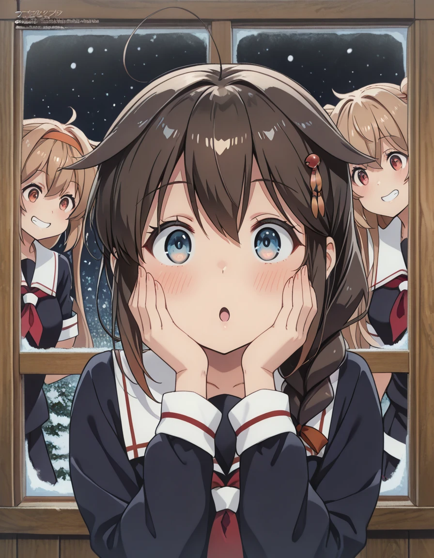 3girls, trio, happ, solo focus, megami magazine, kantai collection,
shigure \(kancolle\), brue eyes, black serafuku, :o, hands on own own cheeks, looking at viewer, open mouth,
shiratsuyu \(kancolle\), murasame \(kancolle\), grin, looking at another, window, snowing, upper body, black background, cover,
masterpiece, best quality, absurdres, highres, newest, general,
<lora:hpp_naivp_r01:1>