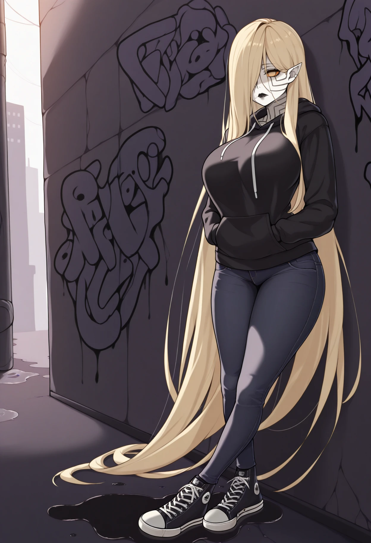 masterpiece, best quality, 1girl, against wall, frown, hands in pockets, <lora:AsherahSMT-illu:1> asrSMT, blonde hair, very long hair, hair over one eye, pointy ears, empty eyes, orange sclera, no pupils, colored skin, black lips, large breasts, black hoodie, jeans, converse, alley, graffiti, puddle, city