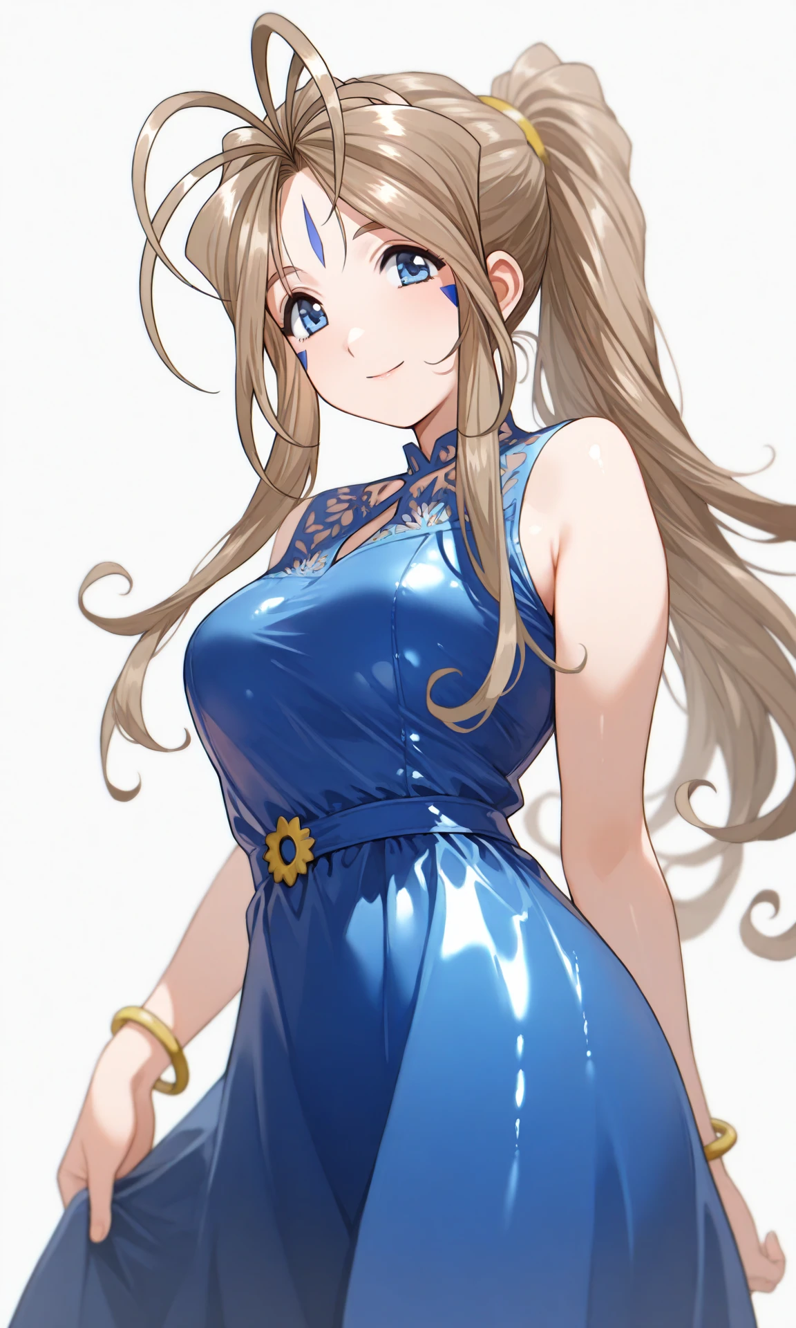 1girl, (Belldandy), smile, dress, medium breasts, blue dress, looking at viewer, shiny clothes, simple background, sleeveless, sleeveless dress, jewelry, bracelet, cowboy shot, (high resolution), ((masterpiece)), (best quality), (very aesthetic), aesthetic, illustration