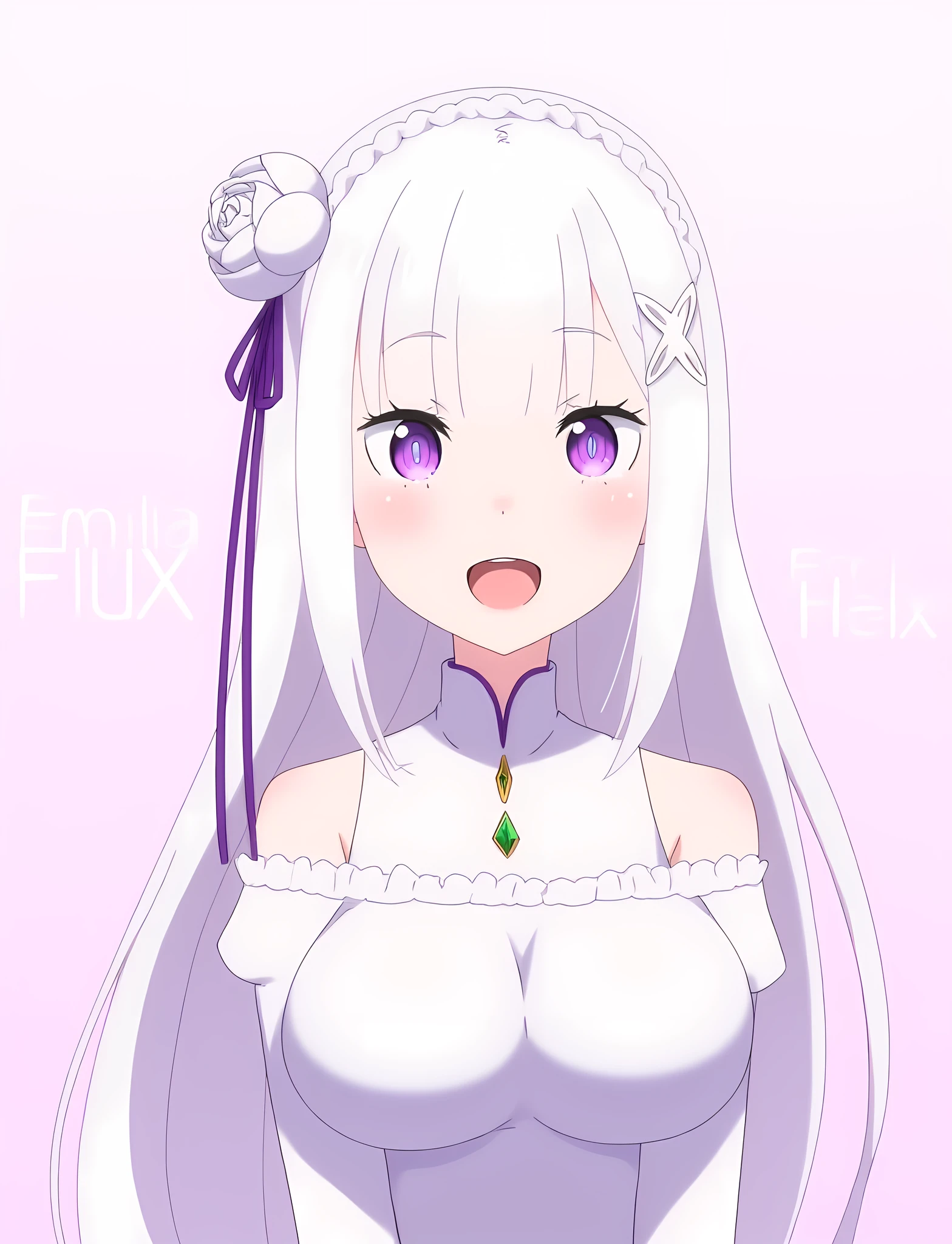 EmiliaFlux, white hair, purple eyes, masterpiece, <lora:EmiliaFlux:1>, anime style, text in background "Emilia Tan Heldn Waifu 1"