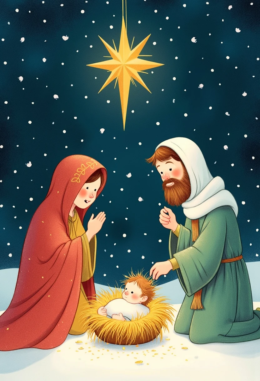 snwmn_style illustration, nativity scene, children's illustration, this image truly captivates the magic of Christmas