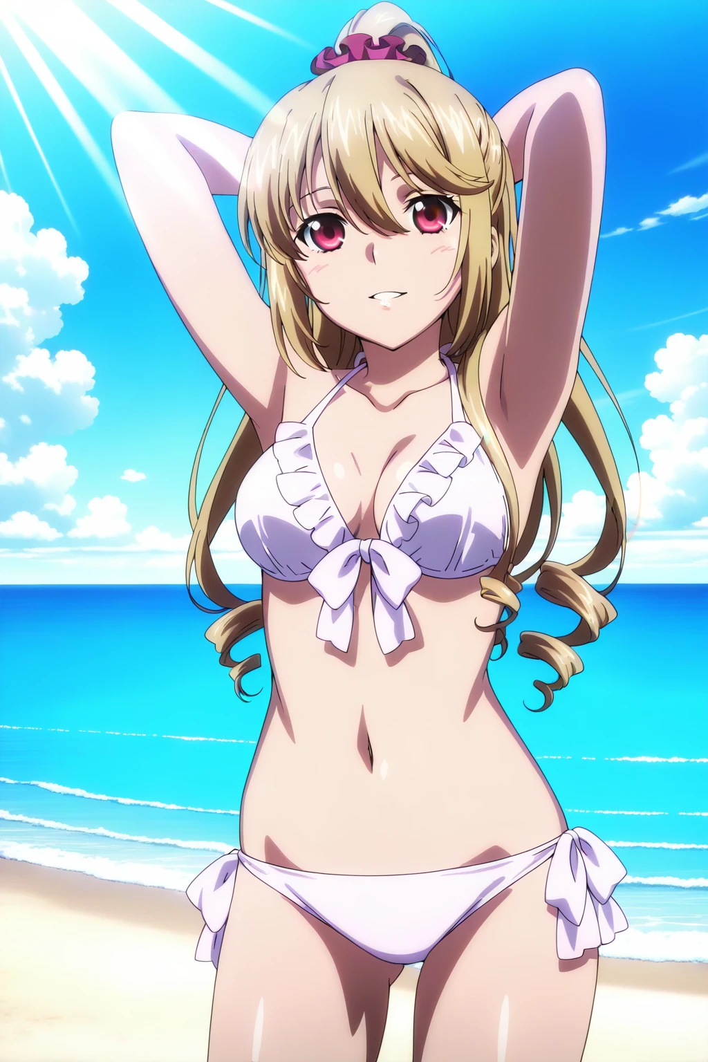 Taiga girl Aisaka 18 years old big breast in thong and open sexy platform high heels light blue color posing on the beach