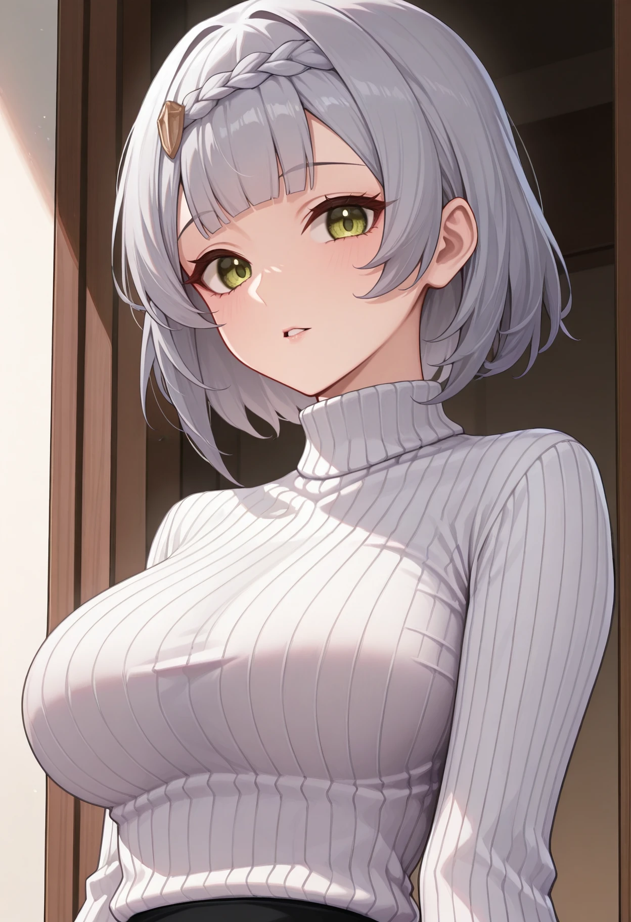 masterpiece, best quality, hires, absurdres, newest, 1girl, solo, <lora:noelle-gi-richy-v1_ixl:1> nlrnd, green eyes, grey hair, short hair, braid, blunt bangs, breasts, turtleneck sweater, ribbed sweater, white sweater, looking at viewer, parted lips,