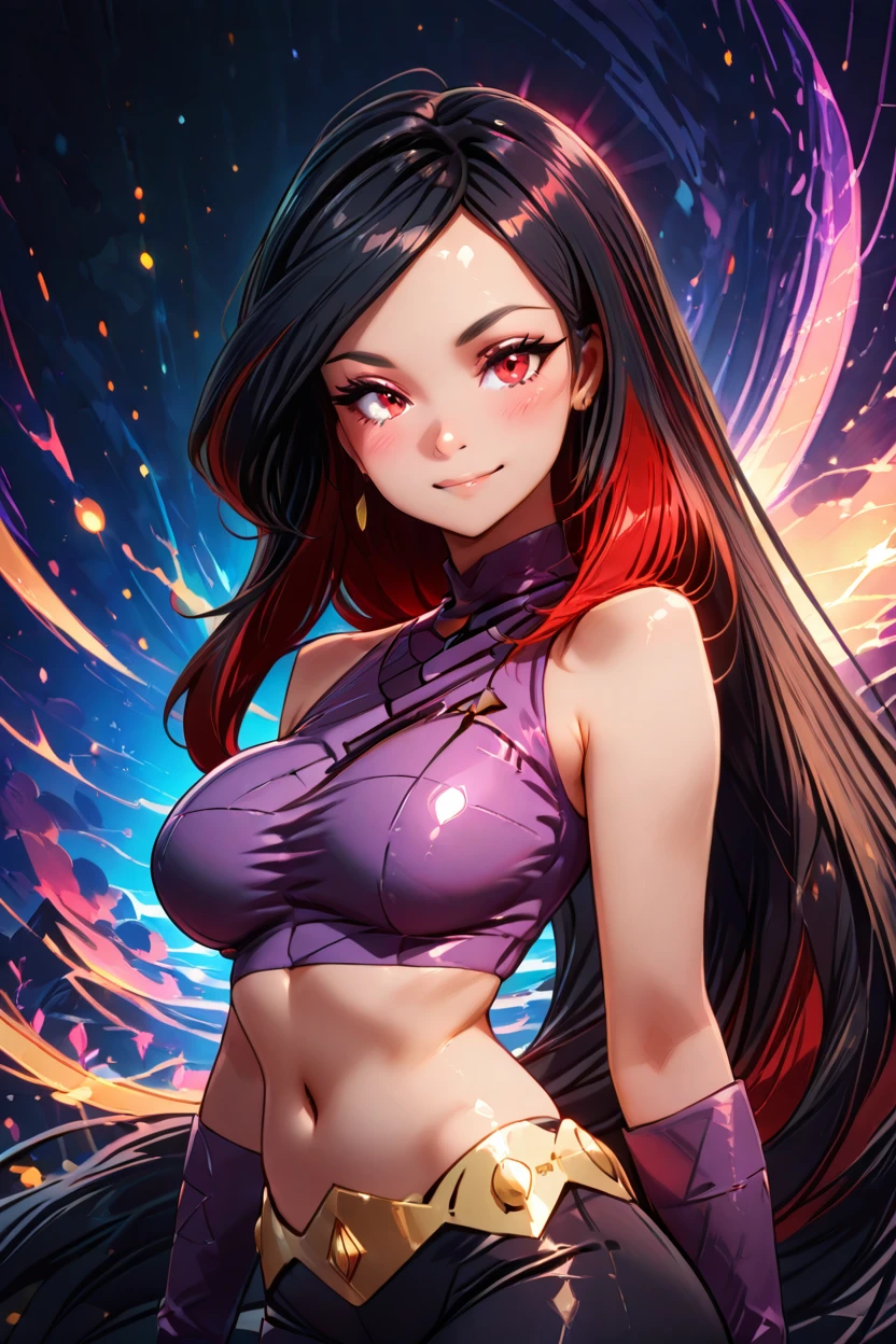 masterpiece, best quality, solo, curvy, beautiful eyes,,<lora:LucyPokemonIXL_v3:1.0>, zzLucy, red eyes, black hair, colored inner hair, long hair, multicolored hair, red hair, streaked hair, two-tone hair, very long hair, gloves, navel, sleeveless, purple gloves, elbow gloves, shirt, bare shoulders, purple shirt, black pants, upper body, side view, smile, looking at viewer, shiny skin,<lora:RealisticAnimeIXL_v2:1.0>, shiny skin, bokeh, luminescent background,