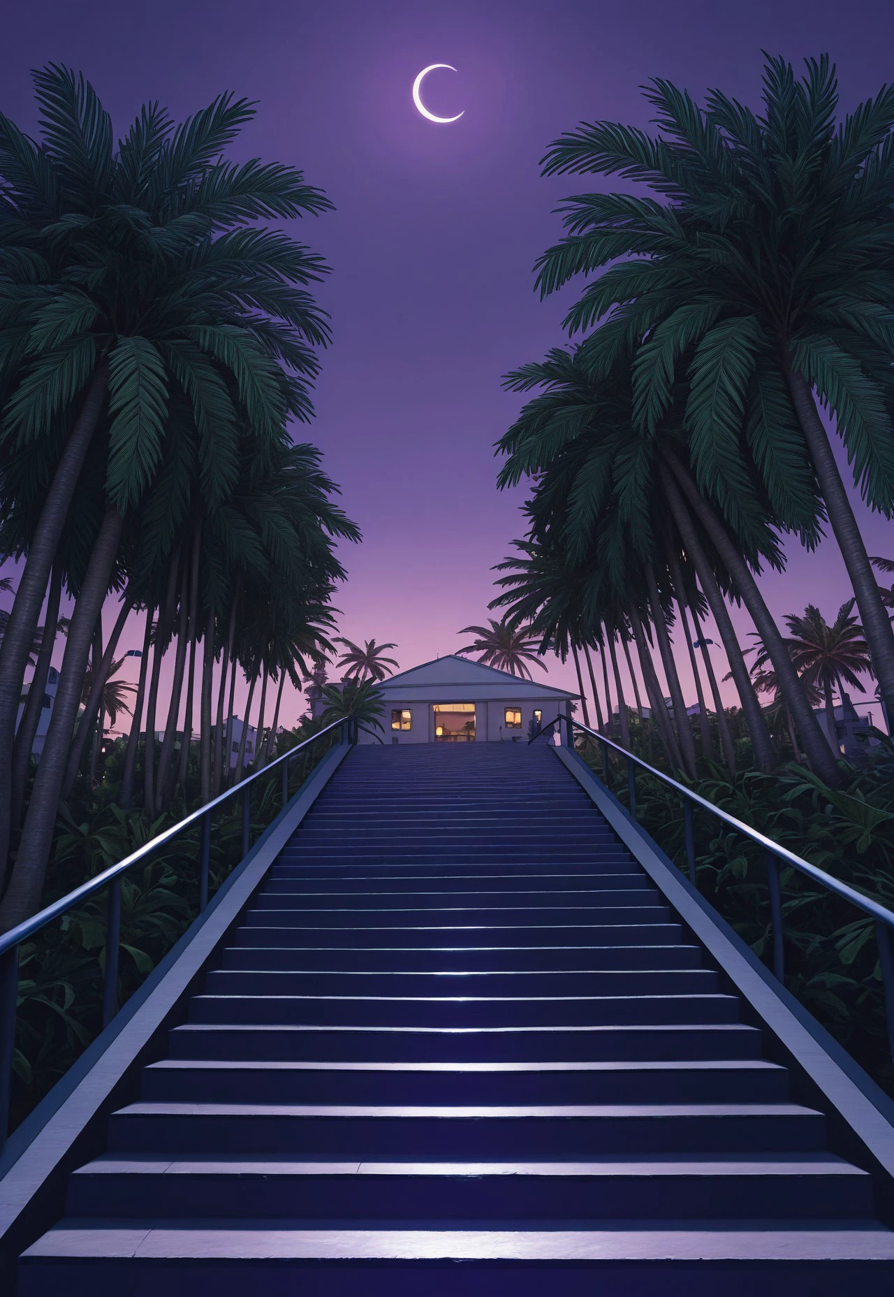 masterpiece, newest, absurdres, best quality, Versabg, tree, no humans, palm tree, crescent moon, outdoors, scenery, moon, sky, building, night, purple sky, lamppost, shadow, stairs, sunset