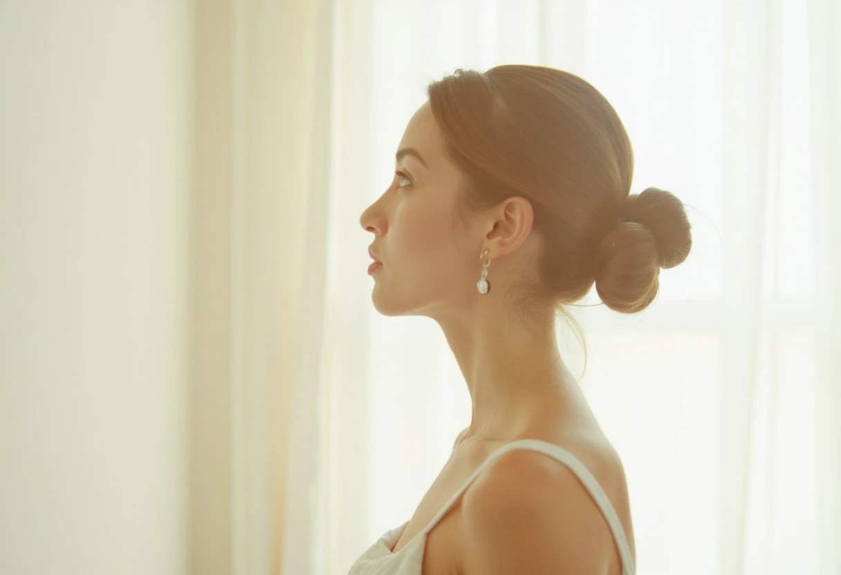 an aesthetic, minimalist depiction of a female profile in side view. The focus is on the soft contours and calm, monochromatic tones. The scene feels mystical and dreamy, almost as if viewed through a delicate mist, with gentle light accentuating the silhouette. The background is diffuse and creamy white, drawing attention to the elegant simplicity of the figure.