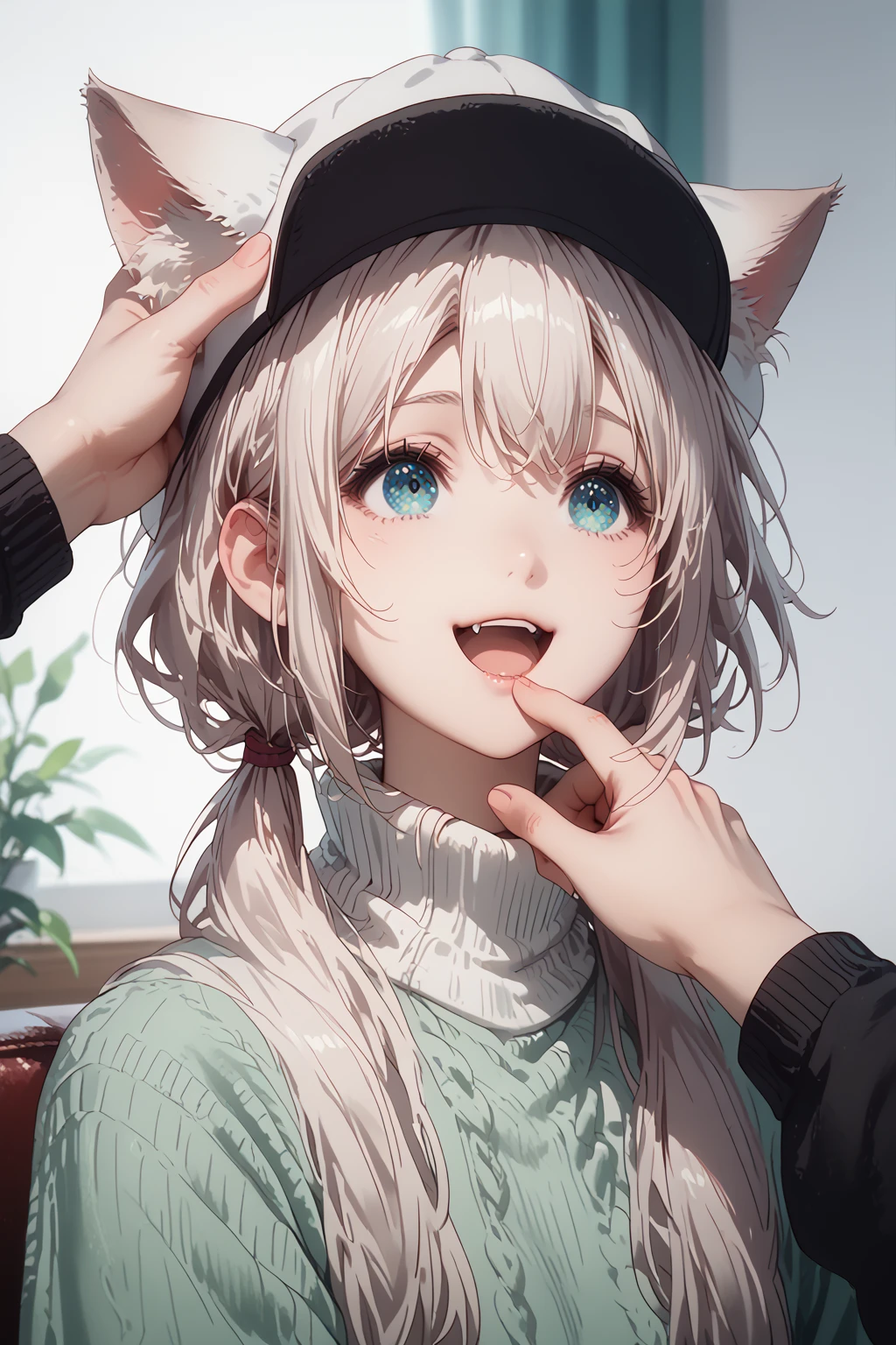 score_9,score_8_up,score_7_up,
1girl,catgirl,fluffy sweater,cute hat,pullover cap,ears sticking out of the hat,scratching your head,happy,mouth open,fingers hooked to your mouth,white_hair,low_twintail,cyan_eyes,