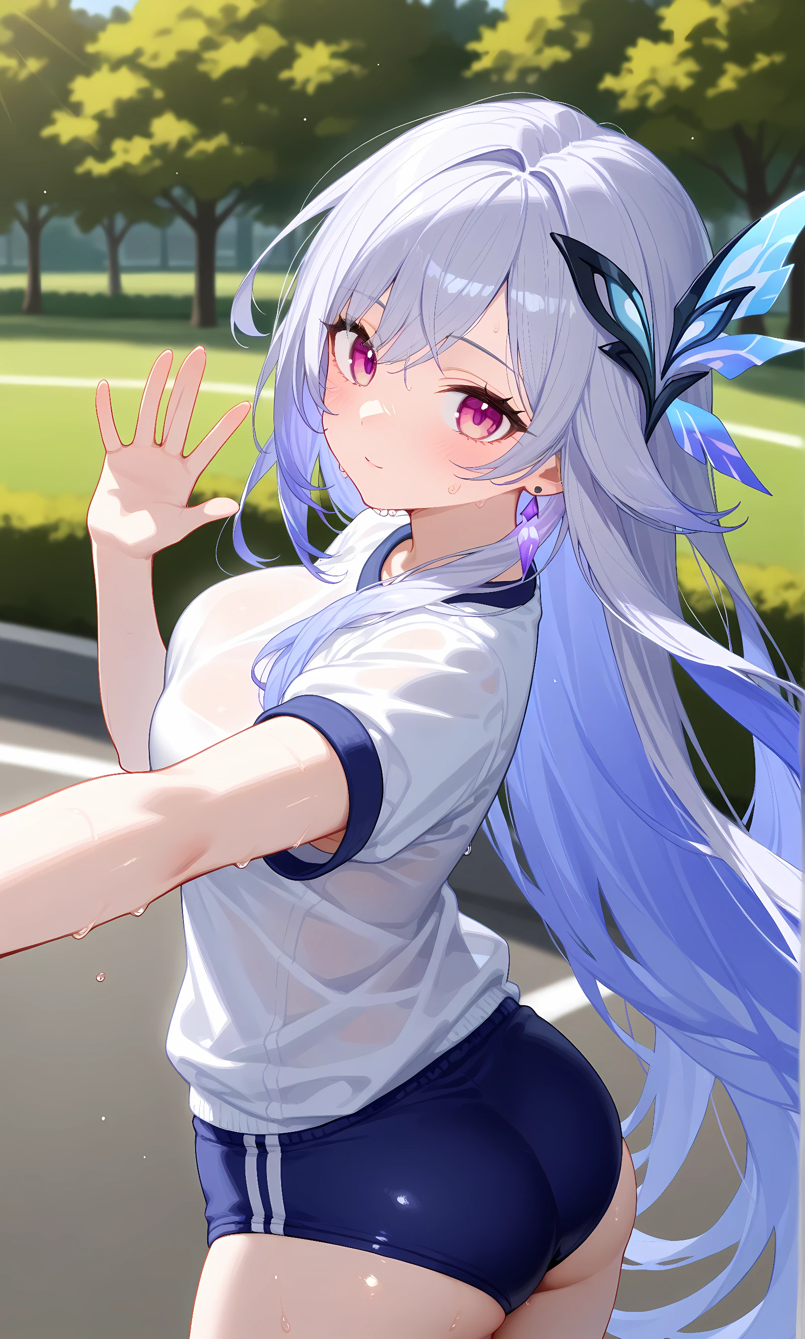 score_9, score_8_up, score_7_up, source_anime, 1girl, solo, outdoors, park, cowboy shot, shiny skin, close-up, looking at viewer, skirk\(genshin impact\), grey_hair, hair_ornament, jewelry, purple_eyes, very_long_hair, outstretched arms, from side, waving, white shirt, short sleeves, gym uniform, buruma, sweat