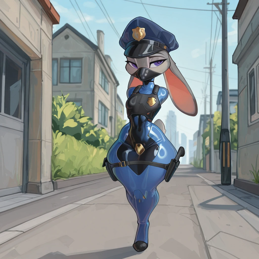 masterpiece, best quality, amazing quality, very aesthetic, absurdres, newest, ShanherSuit, 1girl, solo,furry,anthro, judy hopps,skinny, rabbit,medium breasts, shortstack,police uniform, police badge, police hat, vest,belt,holster,ShanherSuit,(latex bodysuit:1.0), fused legs,,(covered nose,covered mouth:1.5), gagged, stuffed gag, (armless amputee:1.0), mask, covered neck, metal maebari,metal pasties, muzzle,armor, futuristic suit, outdoors, street, masterpiece, best quality, amazing quality, very aesthetic, absurdres, newest, <lora:[IL] Shanher_Latex_restraint_suit:1.0> <lora:[IL]  Hyper-SDXL-2steps-lora:0.5> <lora:[IL]  illustriousXL_stabilizer_v1.3:0.5>