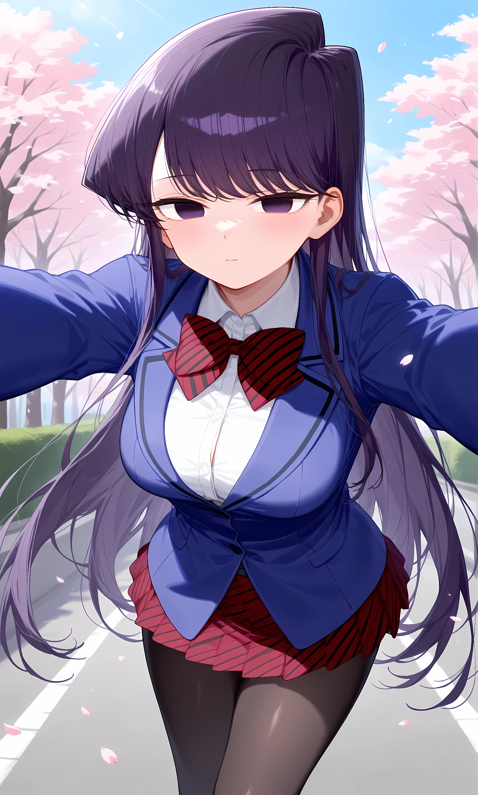 score_9, score_8_up, score_7_up, source_anime, 1girl, solo, outdoors, street, cherry blossoms, cowboy shot, looking at viewer, shiny skin, close-up, komi shouko, purple eyes, purple hair, bangs, very long hair, blue blazer, long sleeves, jacket, red bowtie, diagonal-striped bowtie, microskirt, red skirt, diagonal-striped skirt, black pantyhose, brown shoes, closed mouth, no pupils, half-closed eyes, outstretched arms 