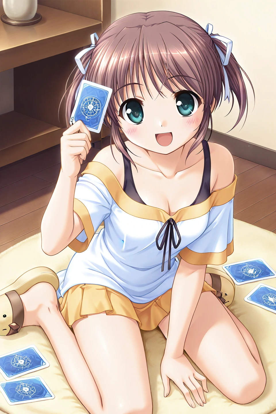 masterpiece, best quality, absurdres, official art, official style, zPDXL2, zPDXLxxx, rating_sensitive, sexually suggestive, nsfw, uncensored BREAK <lora:asagirimai_IL_v1:0.7>, asagiri mai, 1girl, solo, green eyes, brown hair, short hair, twintails, short twintails, bangs, sidelocks, ribbon, hair ribbon, white ribbon, small breasts
blush, breasts, holding, twintails, skirt, sitting, cleavage, smile, small breasts, short hair, ribbon, open mouth, hair ribbon, sandals, wariza, short twintails, looking at viewer, table, arm support, :d, from above, collarbone, pleated skirt, bare shoulders, off shoulder, kneeling, dress, wooden floor, white dress, slippers, short sleeves, indoors, dutch angle, bare legs, yellow skirt, white ribbon, off-shoulder dress, sundress, tank top, neck ribbon, black ribbon, black tank top, card, holding card, open mouth