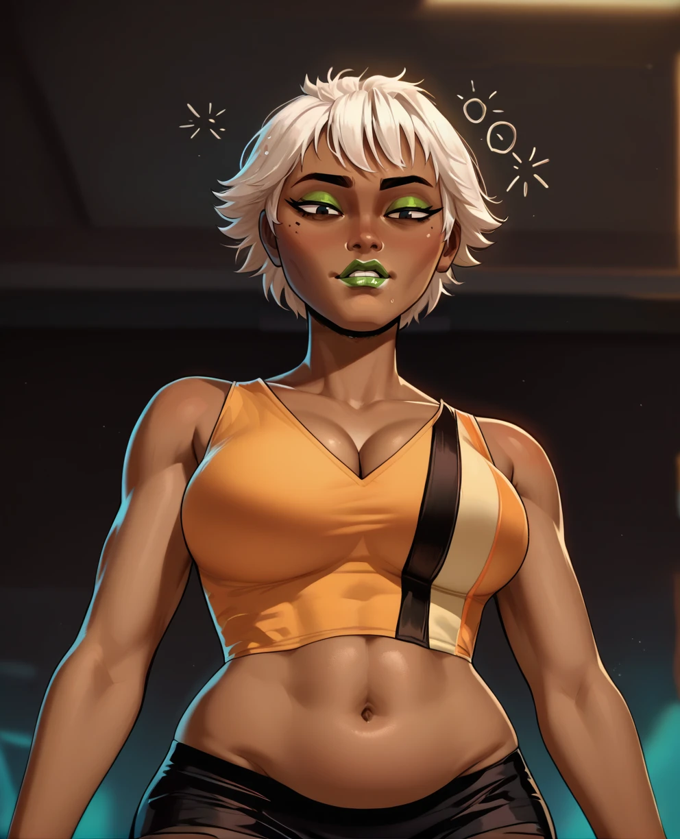 score_9,score_8_up,score_7_up,score_6_up,
gazdigzyxl,white hair,black eyes,short hair,green eyeshadow,white lipstick,drunk, dark-skinned female, 
orange shirt,cleavage,midriff,from below,black short,sleeveless,
belly,standing,solo,
science fiction,bar,
<lora:GazDigzy-fb12:1>,