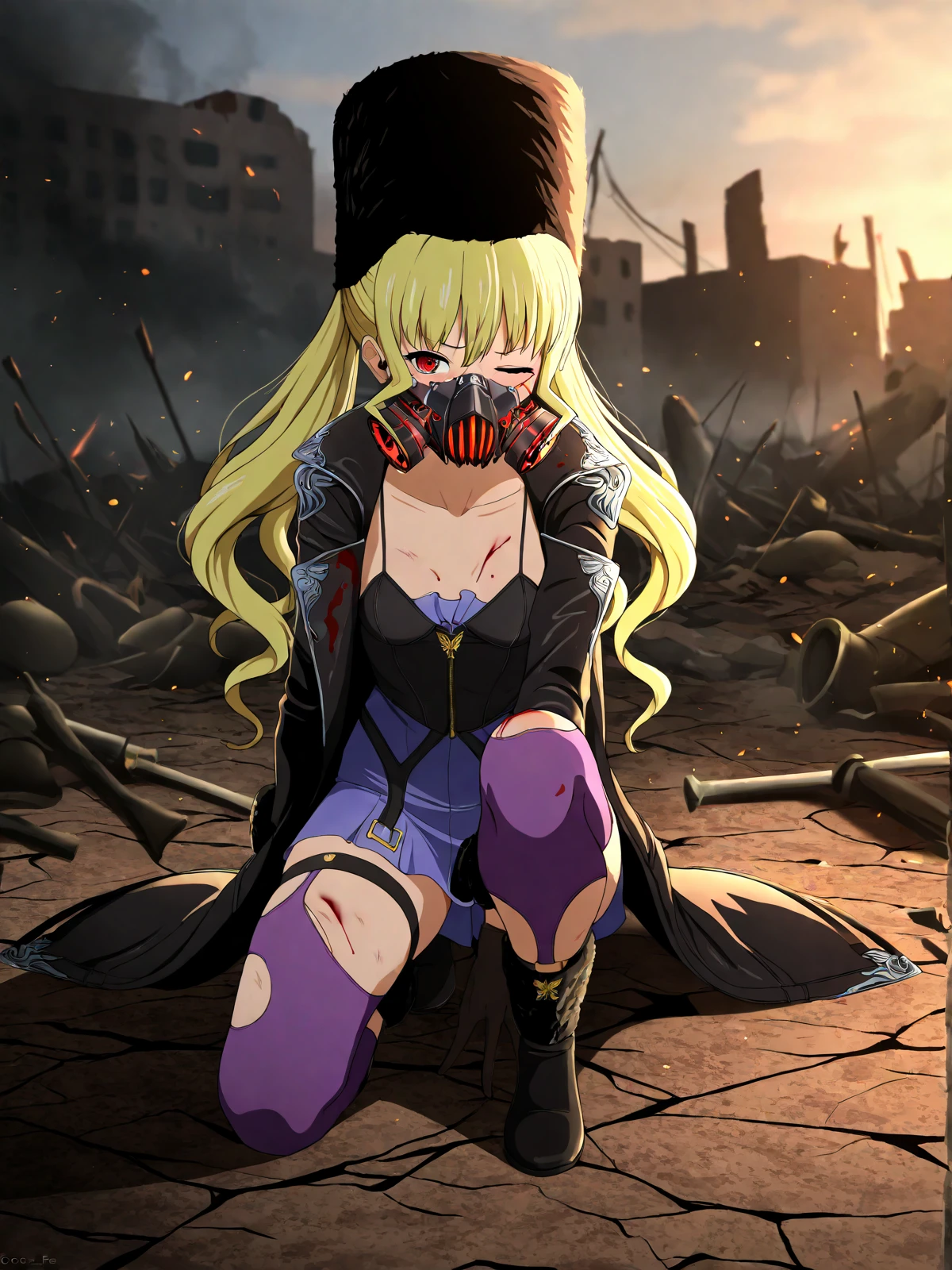 masterpiece, best quality, coro fae, anime coloring
<break>
mia karnstein, blonde hair, long hair, twintails, red eyes, mask, respirator, spaghetti strap, fur hat, miniskirt, purple leggings, black gloves, zipper, black coat, open coat, small breasts, boots
<break>
1girl, solo, battlefield, injury, torn clothes, blood on face, blood on clothes, wince, one eye closed, on one knee