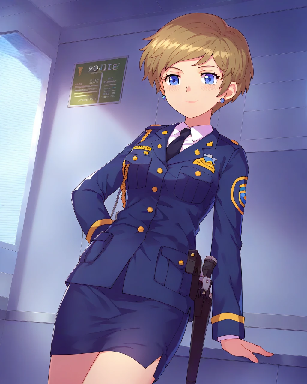 masterpiece, best quality, tsubasachyan, 1girl, solo, sxtopaz, police uniform, pencil skirt, smile, looking at viewer, police station