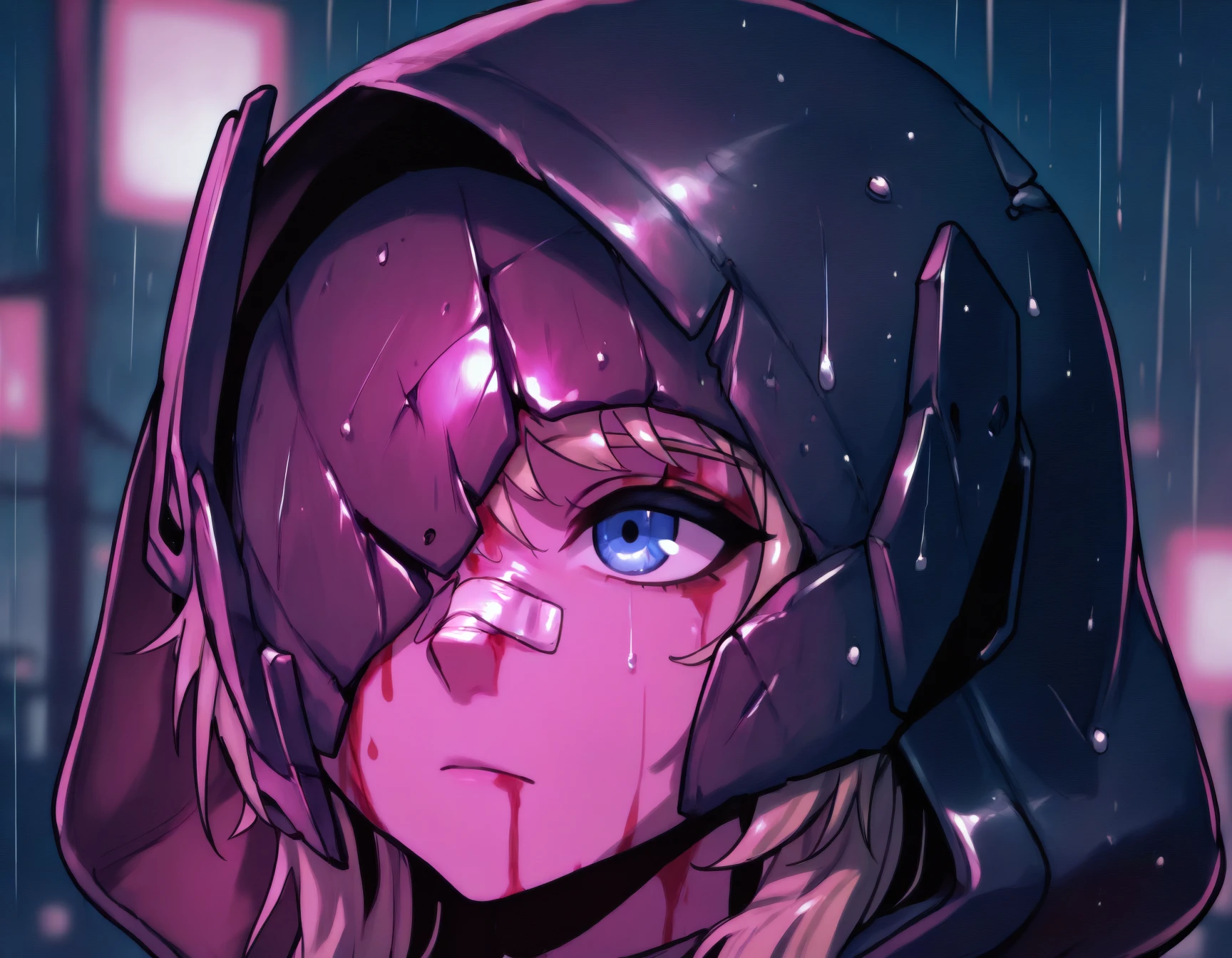 masterpiece, best quality, absurdres, very aesthetic, solo, 1girl, blue eyes, hood up, blonde hair, broken mask, one eye covered, portrait, bandaid on nose, blurry background, pink lighting, night, dark, pink theme, blood on face, rain    <lora:gravenikke-illu-byananas-v12:1> <lora:YouLookLonelyIllustriousXL_byKonan:1>