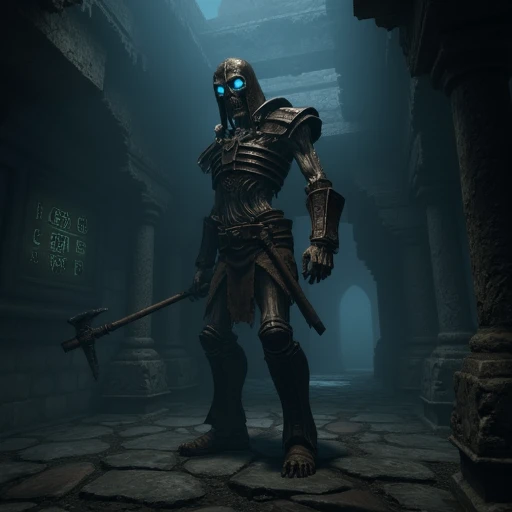 A semi-realistic Skyrim Draugr warrior standing in a misty Nordic tomb, its glowing blue eyes piercing through the dark. Clad in rusted armor and gripping a battle axe, the undead figure looms amid crumbling ruins and faintly glowing runes on the walls