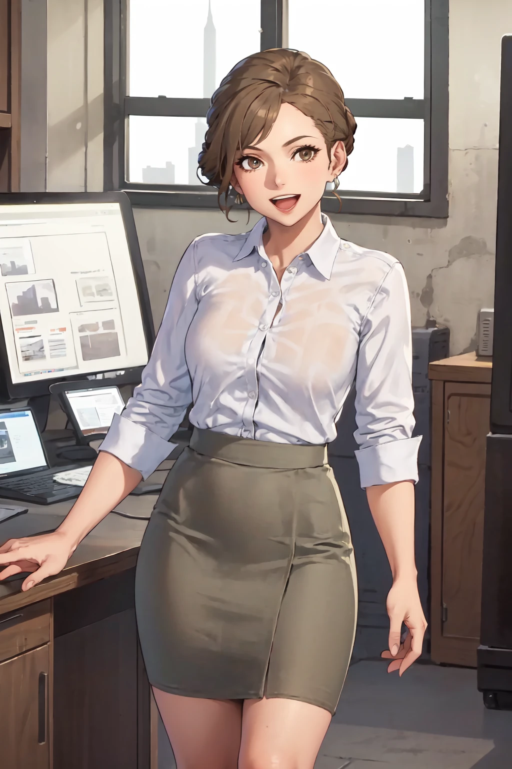 masterpiece, best quality, 1girl,<lora:JuliaLongshot15-000003:0.75>, JVascoLS,brown hair,short hair,single hair bun,earrings,collared shirt,skirt,standing,facing viewer,in office,solo,happy,:d,detailed background,cityscape,concrete,art deco architecture,indoors, fcDetailPortrait